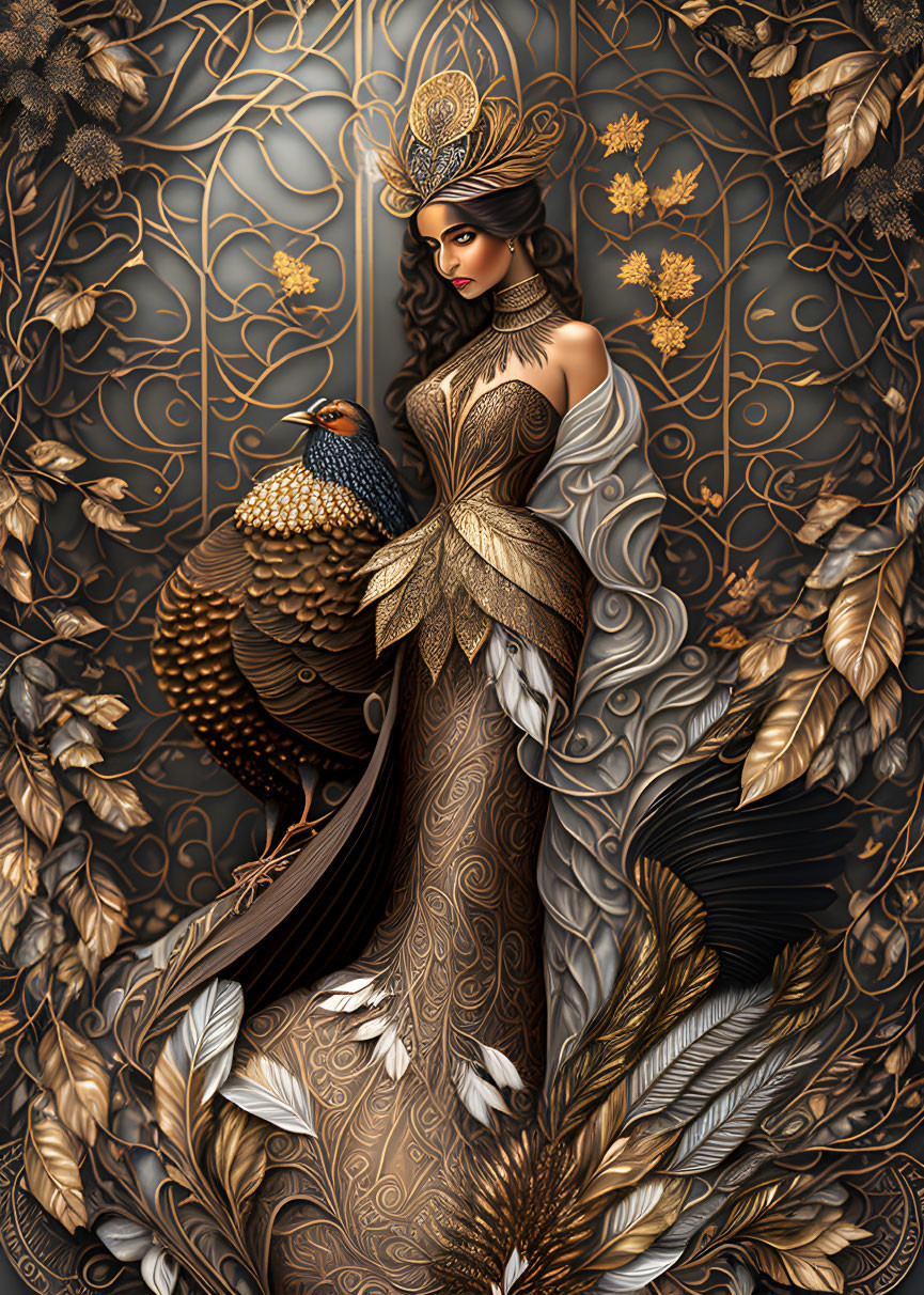 Illustrated woman in gold feathered gown with pheasant and intricate foliage.