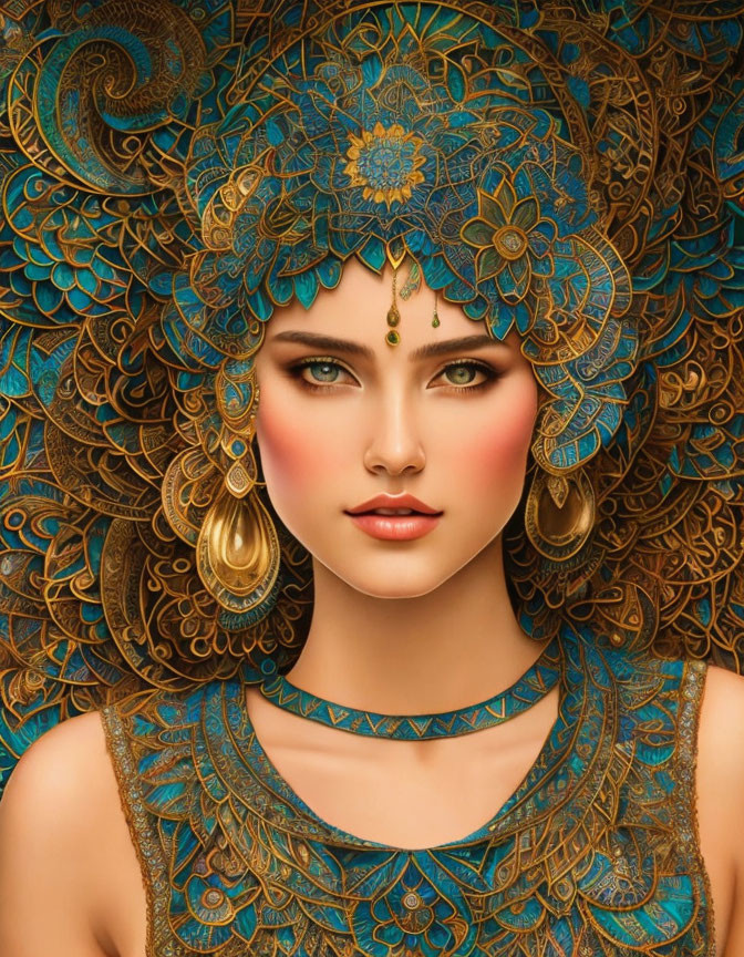 Detailed Woman Illustration with Golden and Turquoise Headpiece