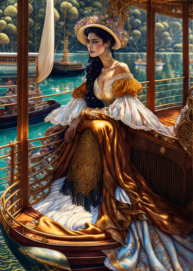 Luxurious Golden Gown and Traditional Hat in Ornate Boat