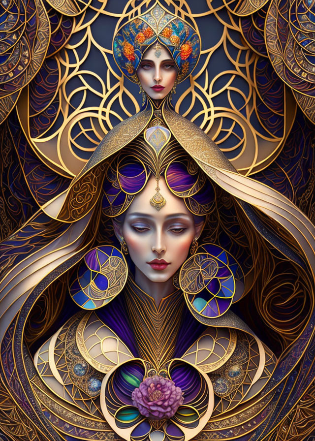 Stylized women with ornate headdresses in gold and blue against intricate background