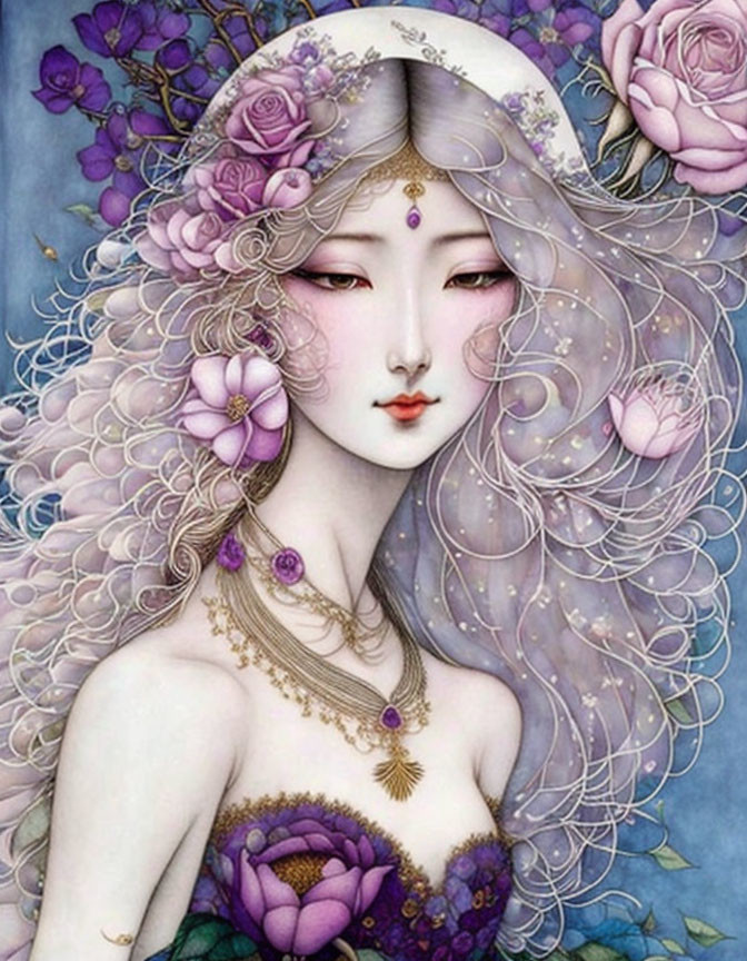 Graceful woman with pale skin, white hair, purple flowers, gold jewelry