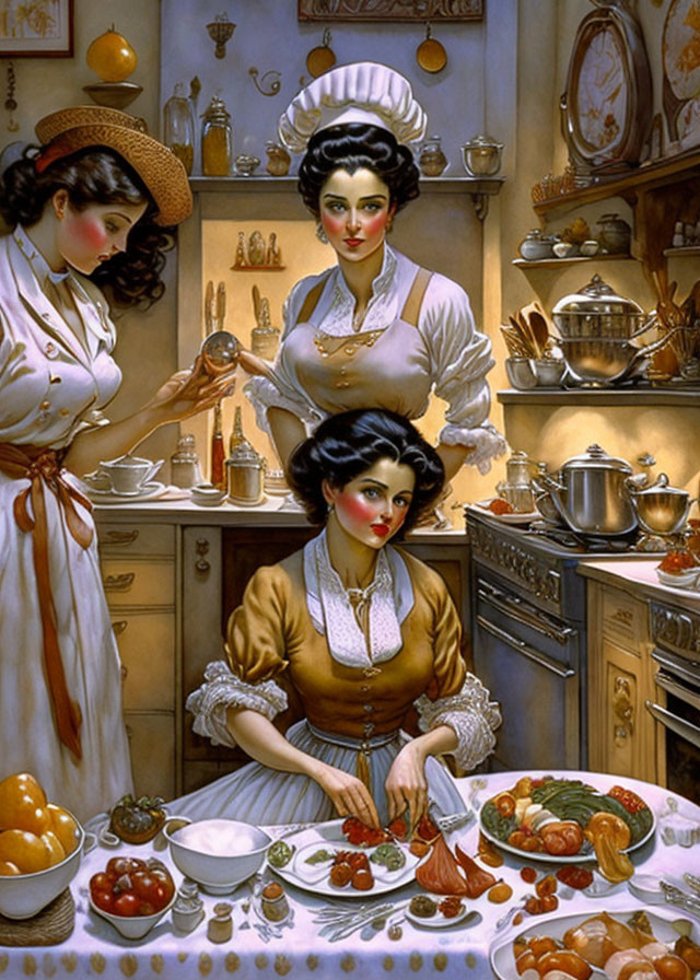 Vintage Clothing Women Cooking in Traditional Kitchen