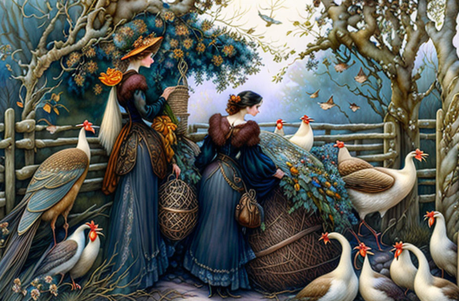 Victorian attired women with colorful birds in lush garden