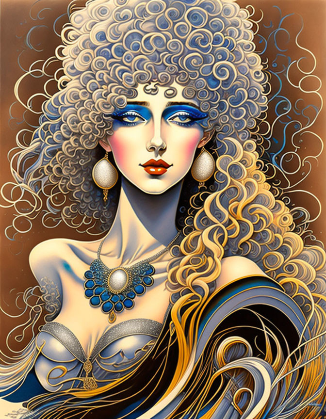 Illustration of woman with curly hair, blue eyes, earrings, necklace, golden garment