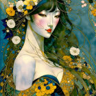 Portrait of woman with brown hair, floral crown, golden attire, in dreamy blue setting