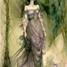 Ethereal illustration of woman in flowing dress with bird among vines