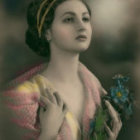 Portrait of a woman with large eyes in wide-brimmed hat and dress against patterned backdrop