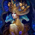 Ornate golden headdress woman with blue dragons on dark blue background