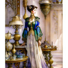 Elegant Woman in Decorative Gown in Ornate Room