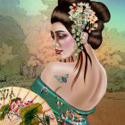 Illustrated Woman with Dark Hair and Floral Adornments Holding Bouquet