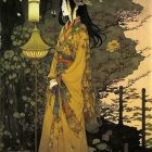 Traditional Japanese attire woman by lantern-lit window: serene illustration