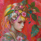 Woman with serene expression wearing floral headpiece and butterfly, set against autumn leaves.