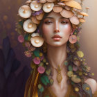 Portrait of Woman with Celestial and Floral Halo in Golden Hues