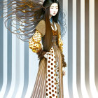 Stylized illustration of woman in yellow kimono on striped background