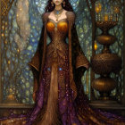 Illustrated woman in ornate golden and purple dress in mystical room