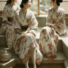 Four women in traditional Japanese kimonos by serene lakeside with cherry blossoms and bridge.