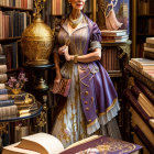 Fantasy illustration: Elegant woman with dark hair and pointed ears in library scene