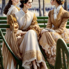 Three women in traditional Asian attire conversing on stairs amidst classical architecture