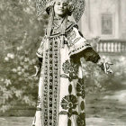 Woman in ornate floral dress with peacock feather patterns, standing by blossoming tree.