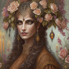 Digital artwork: Woman with stylized makeup, roses, gold jewelry, cobweb motifs on floral background