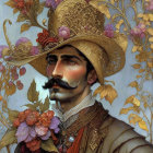 Stylized gentleman portrait with mustache and ornate golden attire on floral background