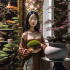 Woman surrounded by ornate bonsai trees in elegant setting