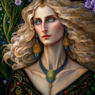 Illustration of pale woman with wavy hair, intricate earrings, dark clothing, and web-like necklace