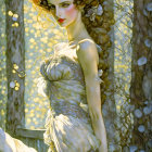 Curly-haired woman in floral gown in sunlit forest