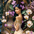 Elegant woman in off-shoulder dress within birdcage with pink orchids