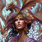 Illustrated woman adorned with golden jewelry next to dragon in fantasy setting