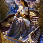 Digital art: Elegant woman in historical gown on boat with cat, surrounded by water and sparkles,