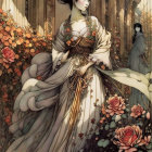 Detailed Illustration: Elegant Woman in Ornate Dress Surrounded by Whimsical Garden