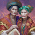 Two women in ornate traditional Asian attire with intricate jewelry against a detailed purple backdrop.