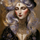 Detailed artistic rendering of a woman with stylized features in harmonious purples, golds,