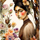 Serene woman portrait with lush floral elements in earthy tones