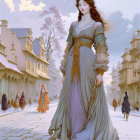 Medieval-themed artwork: Woman in blue dress on historical street.