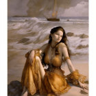 Woman in golden attire on beach with sailing ships and stormy sky