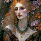 Detailed illustration of a woman with golden hair, adorned with jewelry and surrounded by intricate flowers.