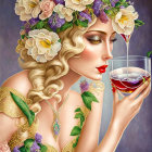 Blonde woman with blue flower hair holding pouring wine glass