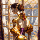 Victorian-style woman portrait with ornate stained glass backdrop