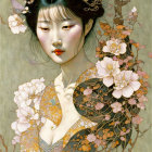 Asian women illustration with floral hairpieces and elegant attire against floral backdrop