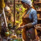 Two Women in Elegant Dresses with Fruit Bowls and Floral Arrangements