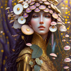 Digital artwork: Woman with gold and mushroom fantasy headdress on purple and golden flora backdrop