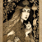 Mystical woman with ornate headdress holding cats amid floral patterns