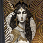 Woman with Golden Headdress and White Wings on Radial Background