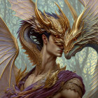 Dragon-themed headdress and golden dragon with intricate textures in a fantasy setting