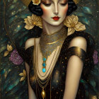 Detailed portrait of woman with dark hair, gold jewelry, headdress, and white flowers in backdrop