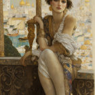 Regal woman in white and gold gown on throne chair overlooking city with minarets