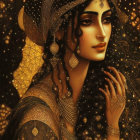 Art Nouveau Style Painting of Woman with Starry Elements and Crescent Moon