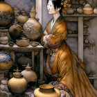 Traditional Asian attire lady surrounded by ceramic vases and bowls